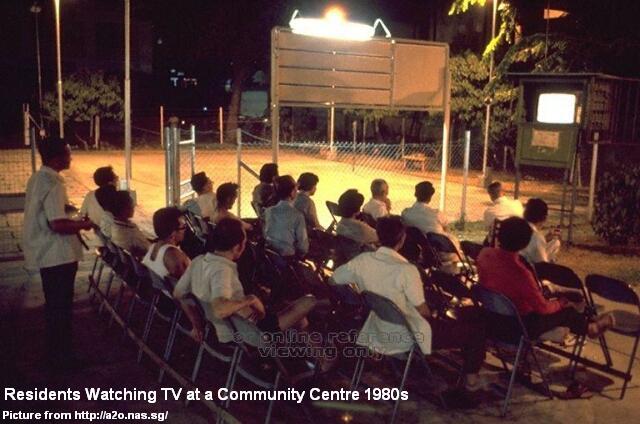 residents watching tv at community centre 1980s