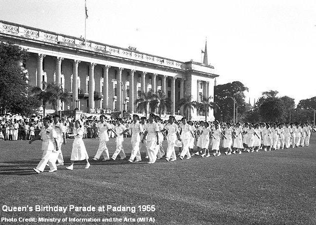 queen's birthday parade at padang 1955